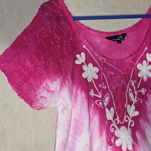 Riviera Sun Pink Tie Dye Midi Dress Size L Beachy Boho Fairy Vacation Loungewear - Picture 13 of 13